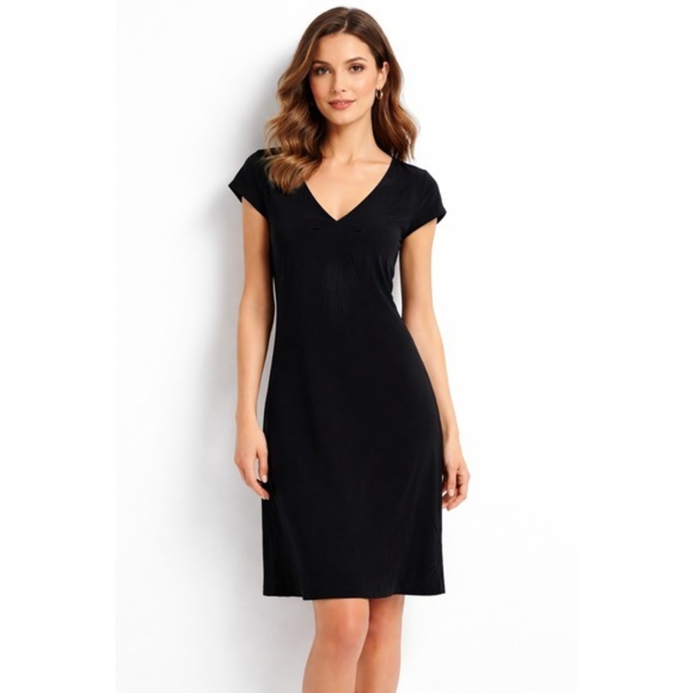 Tara Jarmon Black Silk Blend‎ V-Neck Cap Sleeve Shift Dress Size 42